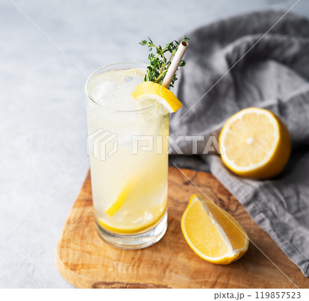 Freshness mojito drink with lemon, mint and ice. Citrus lemonade on a wooden board with napkin  Freshness mojito drink with lemon, mint and ice. Citrus lemonade on a wooden board with napkin  119857523