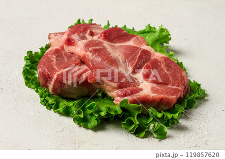 Two pieces of pork meat, raw pork steak, pork steak, on a white background, Two pieces of pork meat, raw pork steak, pork steak, on a white background, 119857620