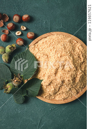 hazelnut flour, top view, filbert, cobnut, top view, no people, hazelnut flour, top view, filbert, cobnut, top view, no people, 119857621