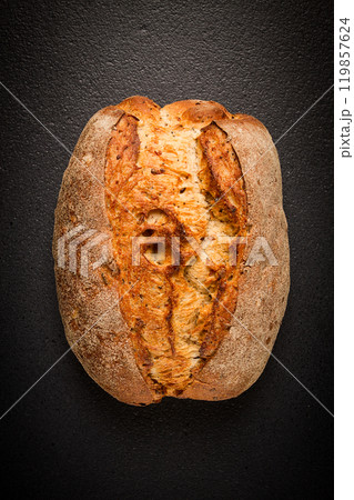 fresh whole grain bread, rye, top view, without people, 119857624