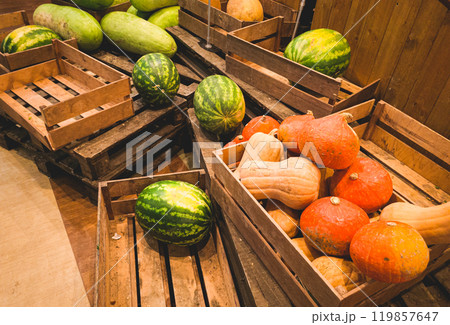 watermelons and pumpkins, in a wooden box, on pallets, supermarket, lifestyle, no people, mobile photo, watermelons and pumpkins, in a wooden box, on pallets, supermarket, lifestyle, no people, mobile photo, 119857647