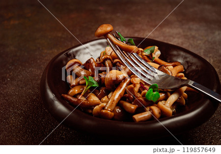 pickled honey mushrooms, in a bowl, homemade, top view, no people, pickled honey mushrooms, in a bowl, homemade, top view, no people, 119857649