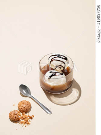 Affogato coffee with vanilla ice cream scoops with chocolate and espresso in a glass  119857756