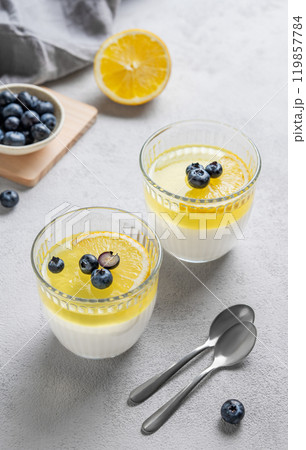 lemon panna cotta with blueberries in two glasses on a light background with berries and spoons. lemon panna cotta with blueberries in two glasses on a light background with berries and spoons. 119857784