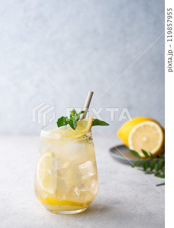 Mojito cocktail with fresh lemon, mint and ice. Refreshing citrus lemonade drink  119857955
