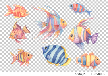 A playful school of tropical fish in vibrant hues of blue, purple, and orange. This watercolor clipart is perfect for childrens apparel, aquatic-themed stationery, or products with underwater theme A playful school of tropical fish in vibrant hues of blue, purple, and orange. This watercolor clipart is perfect for childrens apparel, aquatic-themed stationery, or products with underwater theme 119858007