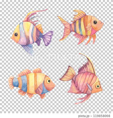 A set of watercolor fish in shades of purple, orange, and blue. This clipart is ideal for use in childrens book illustrations, aquatic-themed designs, or underwater decorative elements on products A set of watercolor fish in shades of purple, orange, and blue. This clipart is ideal for use in childrens book illustrations, aquatic-themed designs, or underwater decorative elements on products 119858008