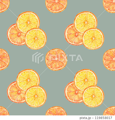 Orange slices with vibrant shades of orange and yellow in a seamless watercolor pattern. Citrus clipart for refreshing textile designs, gift wrap, and seasonal merchandise for kitchen or food 119858017