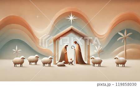 Nativity scene in Bethlehem. Watercolor painting. Christmas scene illustration showing holy family baby Jesus in the manger Mary and Joseph. Banner.Copy space 119858030