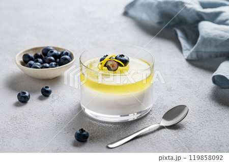Creamy lemon panna cotta with blueberries in a glass with fresh berries, spoon and napkin Creamy lemon panna cotta with blueberries in a glass with fresh berries, spoon and napkin 119858092