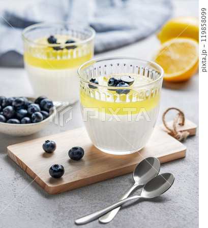 Creamy panna cotta with blueberries and lemon in two glasses with fresh berries on a wooden board Creamy panna cotta with blueberries and lemon in two glasses with fresh berries on a wooden board 119858099