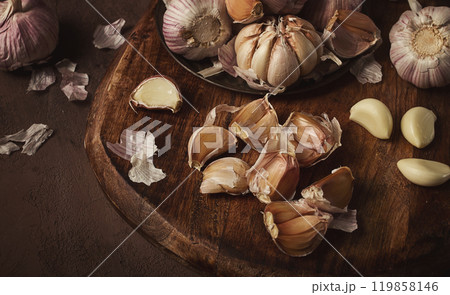 Fresh garlic, on a dark background, top view, food concept, 119858146