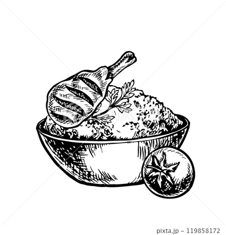 Porridge in a cup with a chicken leg. A vector image of the dish. A black and white hand-drawn illustration. On a white background. For menus, posters, labels, as well as for recipes and invitations. Porridge in a cup with a chicken leg. A vector image of the dish. A black and white hand-drawn illustration. On a white background. For menus, posters, labels, as well as for recipes and invitations. 119858172