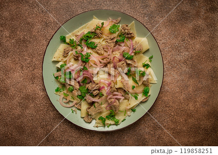 Beshbarmak, Kazakh meat, boiled meat with noodles, Beshbarmak, Kazakh meat, boiled meat with noodles, 119858251