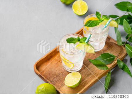 Two glasses of mojito cocktail or tonic with lemon, lime, mint and ice on a wooden board.  119858366