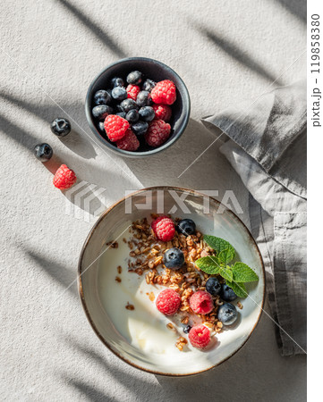 Natural yogurt with granola or muesli, raspberries and blueberries in a bowl  119858380