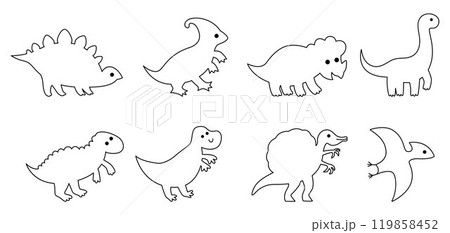 Vector dinosaur contours set. Cute prehistoric animal icons collection. Dino black and white line illustrations with Pterodactyl, Stegosaurus, Tyrannosaurus, Triceratops, T-Rex for kids 119858452