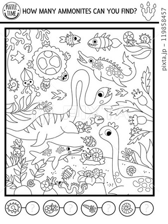 Vector black and white dinosaur searching and counting game with prehistoric underwater landscape. Spot hidden ammonites in picture. Ancient world line seek and find educational activity Vector black and white dinosaur searching and counting game with prehistoric underwater landscape. Spot hidden ammonites in picture. Ancient world line seek and find educational activity 119858457