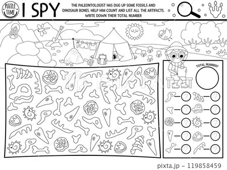 Dinosaur black and white I spy game. Searching and counting line activity with paleontologists, bones, fossils. Prehistoric printable worksheet, coloring page. Spotting puzzle with dig camp landscape Dinosaur black and white I spy game. Searching and counting line activity with paleontologists, bones, fossils. Prehistoric printable worksheet, coloring page. Spotting puzzle with dig camp landscape 119858459