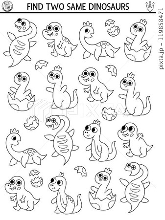 Find two same baby dinosaurs. Prehistoric black and white matching activity. Dino educational line quiz worksheet for kids with ancient animals. Printable game, coloring page with little T-rex, 119858471