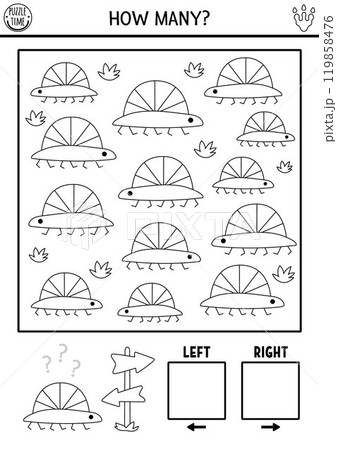 Dinosaur black and white logic game with right and left concept for kids. I spy searching, counting line activity with little ancient animal. Prehistoric printable space orientation worksheet 119858476