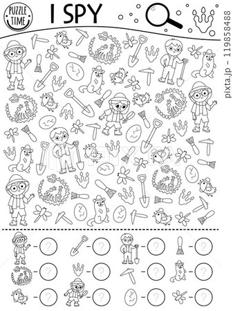Dinosaur black and white I spy game for kids. Searching and counting line activity with paleontologists, bones, skeleton. Prehistoric printable worksheet, coloring page. Simple dino land spotting Dinosaur black and white I spy game for kids. Searching and counting line activity with paleontologists, bones, skeleton. Prehistoric printable worksheet, coloring page. Simple dino land spotting 119858488