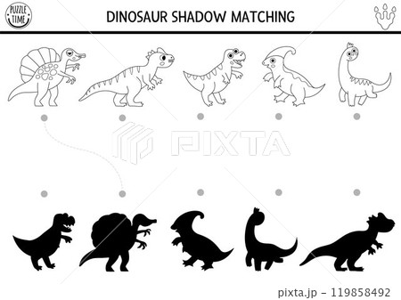 Dinosaur black and white shadow matching activity with animals. Prehistoric line puzzle with cute T-rex, brachiosaur. Find correct silhouette printable worksheet, game. Dino coloring page for kids 119858492
