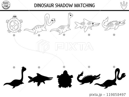 Dinosaur black and white shadow matching activity with water animals. Prehistoric line puzzle with plesiosaur. Find correct silhouette printable worksheet, game. Dino coloring page for kids 119858497
