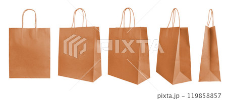 Various perspectives of orange recycled paper shopping bags isolated on white background Various perspectives of orange recycled paper shopping bags isolated on white background 119858857