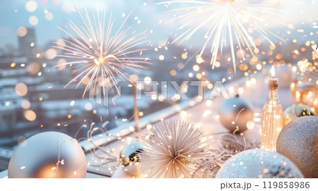 A vibrant New Year's Eve gathering showcases sparkling decorations and fireworks over a city skyline at dusk, creating a festive atmosphere 119858986