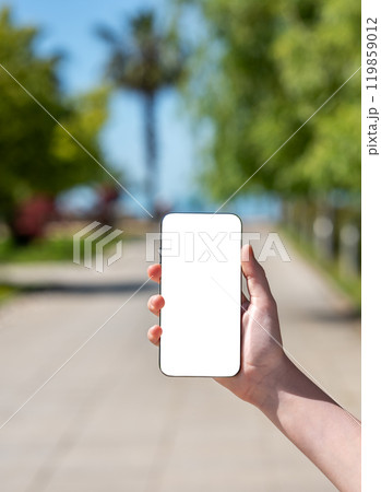 Hand holding smartphone against beautiful landscape in city park.  119859012