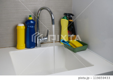 Detergents and sponges with napkins. Detergents and sponges with napkins. 119859433