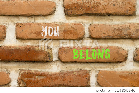 Belonging and you belong symbol. Concept words You belong on beautiful brown brick wall. Beautiful brown brick wall background. Business belonging and you belong concept. Copy space. Belonging and you belong symbol. Concept words You belong on beautiful brown brick wall. Beautiful brown brick wall background. Business belonging and you belong concept. Copy space. 119859546