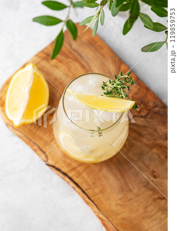 Mojito cocktail with fresh lemon, mint and ice. Refreshing citrus lemonade drink on a wooden board Mojito cocktail with fresh lemon, mint and ice. Refreshing citrus lemonade drink on a wooden board 119859753