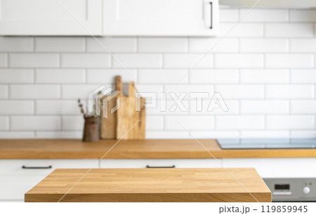 Wooden oak table with free space to display or advertise a product or food  119859945