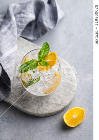 Lemonade tonic drink with fresh lemon, mint and ice on a marble board on a light background. 119860028