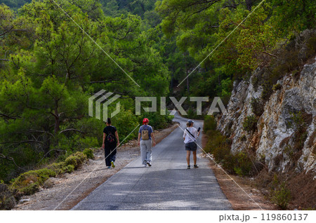 Three hikers walking along a winding road surrounded by lush greenery in a serene forest during a sunny day Three hikers walking along a winding road surrounded by lush greenery in a serene forest during a sunny day 119860137