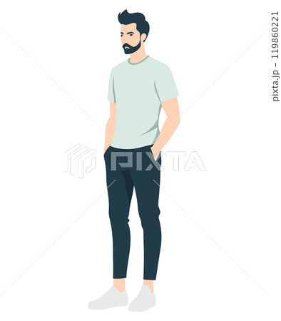 Vector illustration. A man with a beard, in a light green T-shirt and dark trousers, his hands are down, a relaxed pose. 119860221