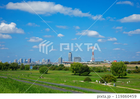 荒川の川原より川口元郷の住宅街を望む　青い空に白い雲 119860459