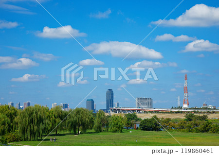 荒川の川原より川口元郷の住宅街を望む　青い空に白い雲 119860461