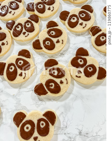 A playful assortment of panda face sugar cookies decorated with chocolate icing, forming adorable expressions. Each cookie has chocolate details for the panda eyes, nose, and ears, creating a 119860775