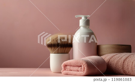 Image of a variety of spa care products arranged on a soft pink background. The range includes creams, oils and masks, creating a calm and cozy atmosphere, perfect for relaxation and self-care 119861083