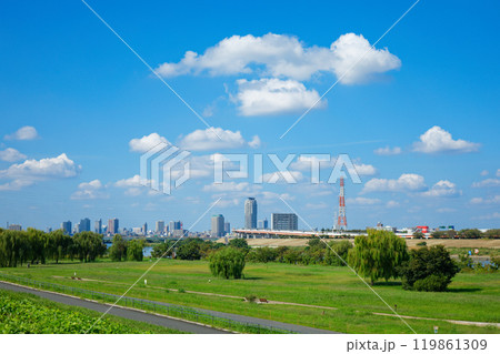 荒川の川原より川口元郷の住宅街を望む 青い空に白い雲 荒川の川原より川口元郷の住宅街を望む 青い空に白い雲 119861309