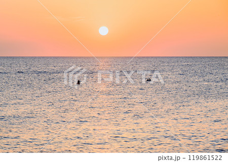 Beautiful sunset with orange sky on the beach of Menorca, Balearic Islands. Sunset, nature 119861522