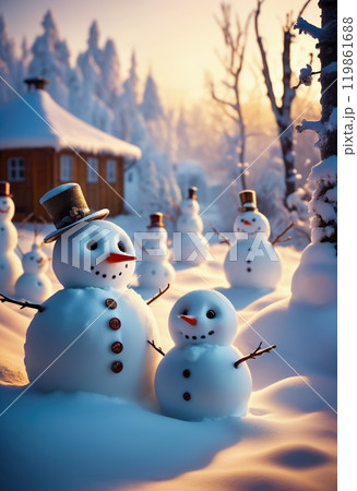 A joyful winter gathering of snowmen in a snowy landscape at sunset, showcasing a parent and child snowman wearing festive hats and surrounded by a winter wonderland 119861688