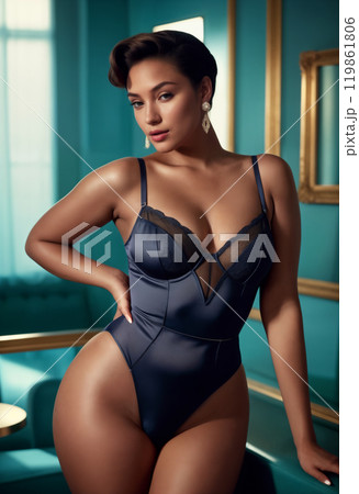 Elegant woman in stylish lingerie poses gracefully in a chic, well-lit room adorned with modern decor, highlighting her confidence and allure 119861806