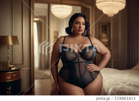 A confident woman poses in elegant black lingerie in a luxurious bedroom setting featuring chandeliers and a plush bed, highlighting her curves and self-assurance 119861813