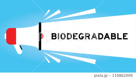 Color megaphone icon with word biodegradable in white banner on blue background 119862009