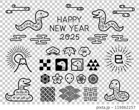 Set of Japanese-style line drawing decorations for the year of the snake Set of Japanese-style line drawing decorations for the year of the snake 119862257