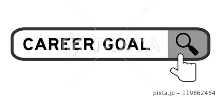 Search banner in word career goal with hand over magnifier icon on white background Search banner in word career goal with hand over magnifier icon on white background 119862484